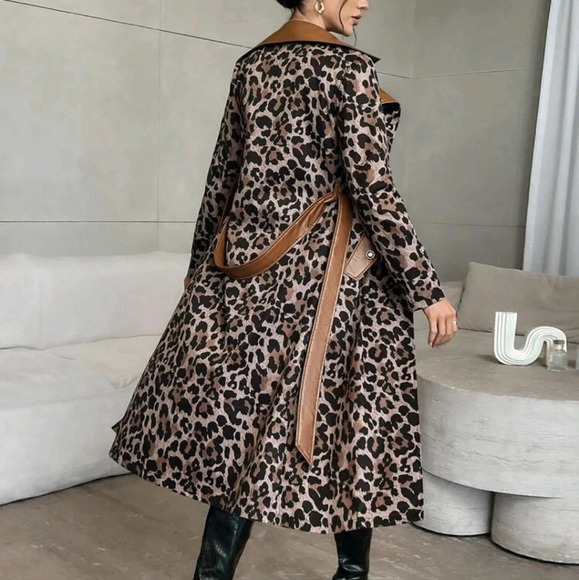 Women's Autumn Colorblock Stand Collar Leopard Print Long Sleeve Long Jacket - Picture 3 of 6